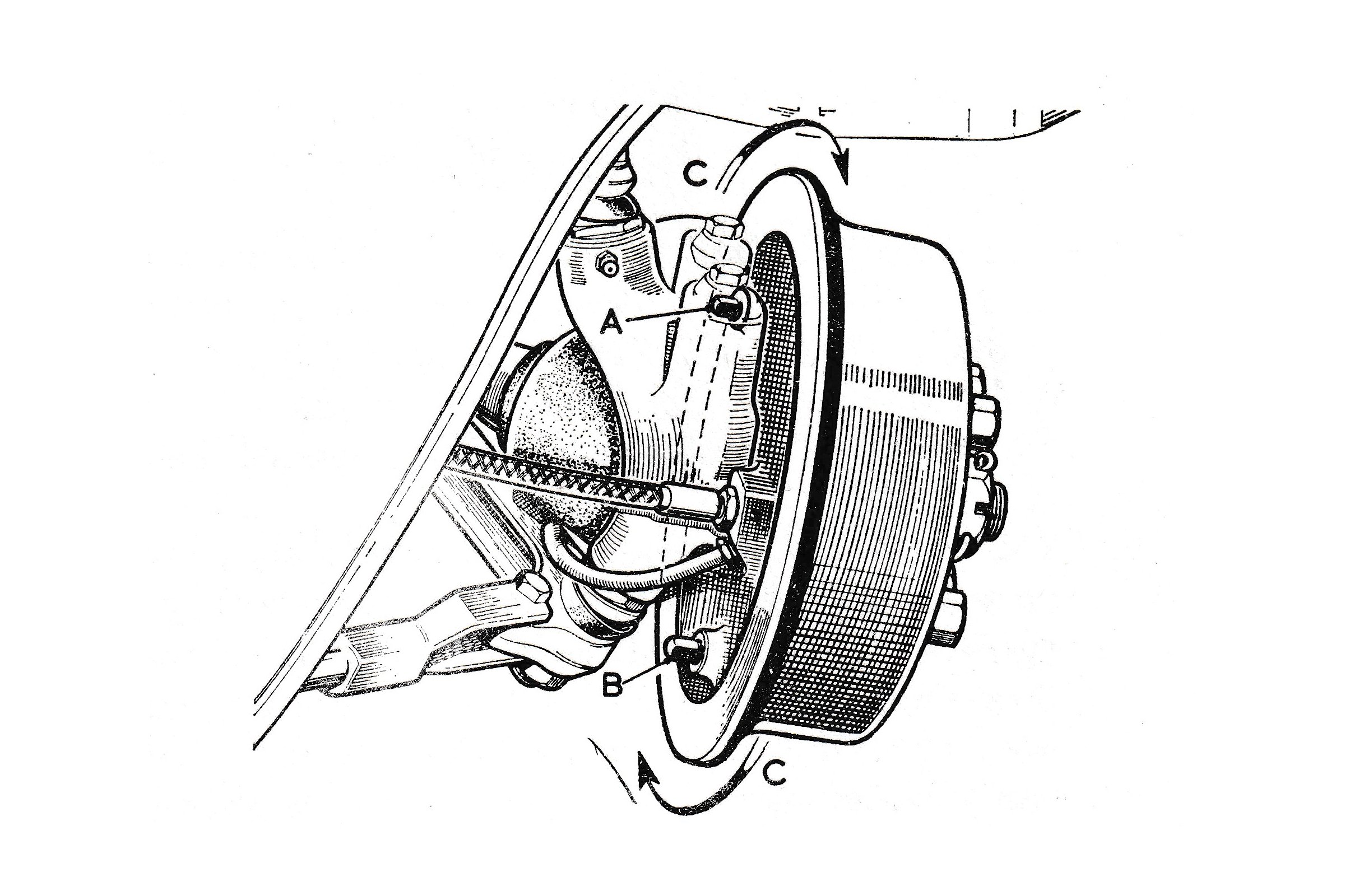 On Eli' and Hornet models with twin leading shoe on the front wheels, two adjusters 'A' and 'B' are provided. To tighten the brakes turn the adjusters clockwise 'C'